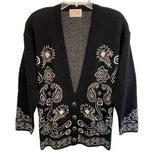 Pendleton Vintage 100% Virgin Wool Cardigan Womens Large Black Paisley Button